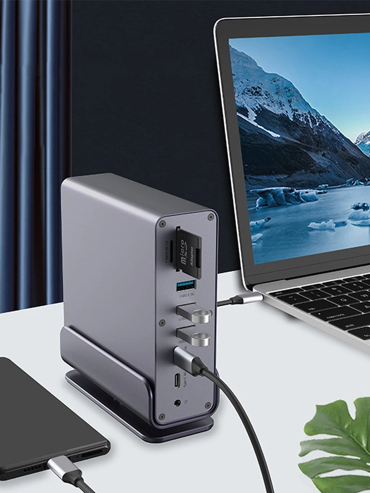 محطة إرساء USB C 15 في 1 محور عمودي 4K HD مع شاشة ثلاثية RJ45 1000M، USB 3.0/2.0، PD 3.0، SD/TF، Audio 3.5 لأجهزة الكمبيوتر المحمول