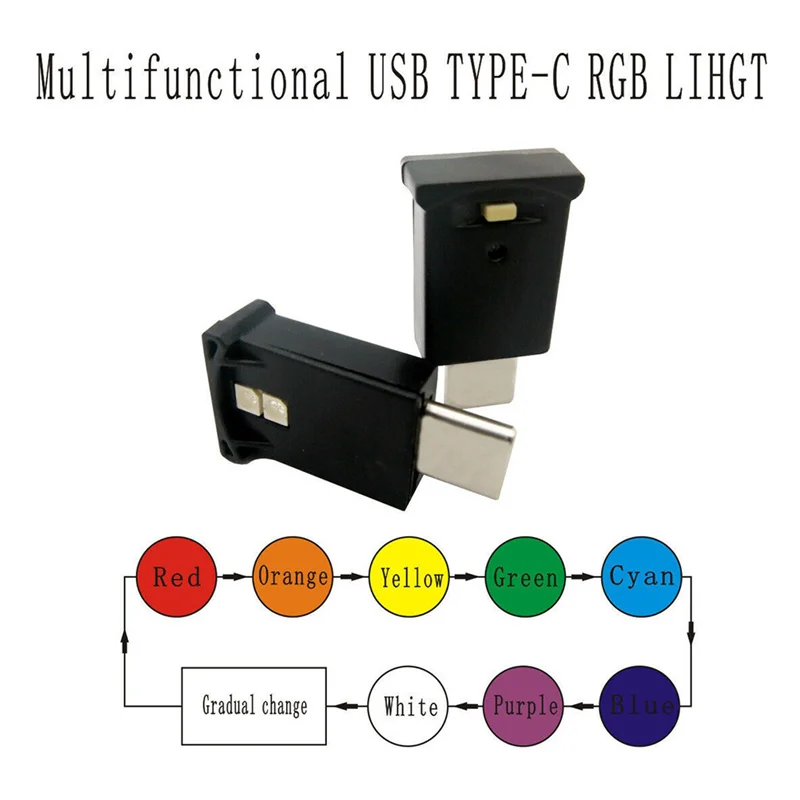 سطوع ضوء USB-C LED RGB صغير قابل للتعديل 8 ألوان قابلة للتغيير للسيارة وأجهزة الكمبيوتر المحمولة ومصباح الليل للوحة المفاتيح -A08Q