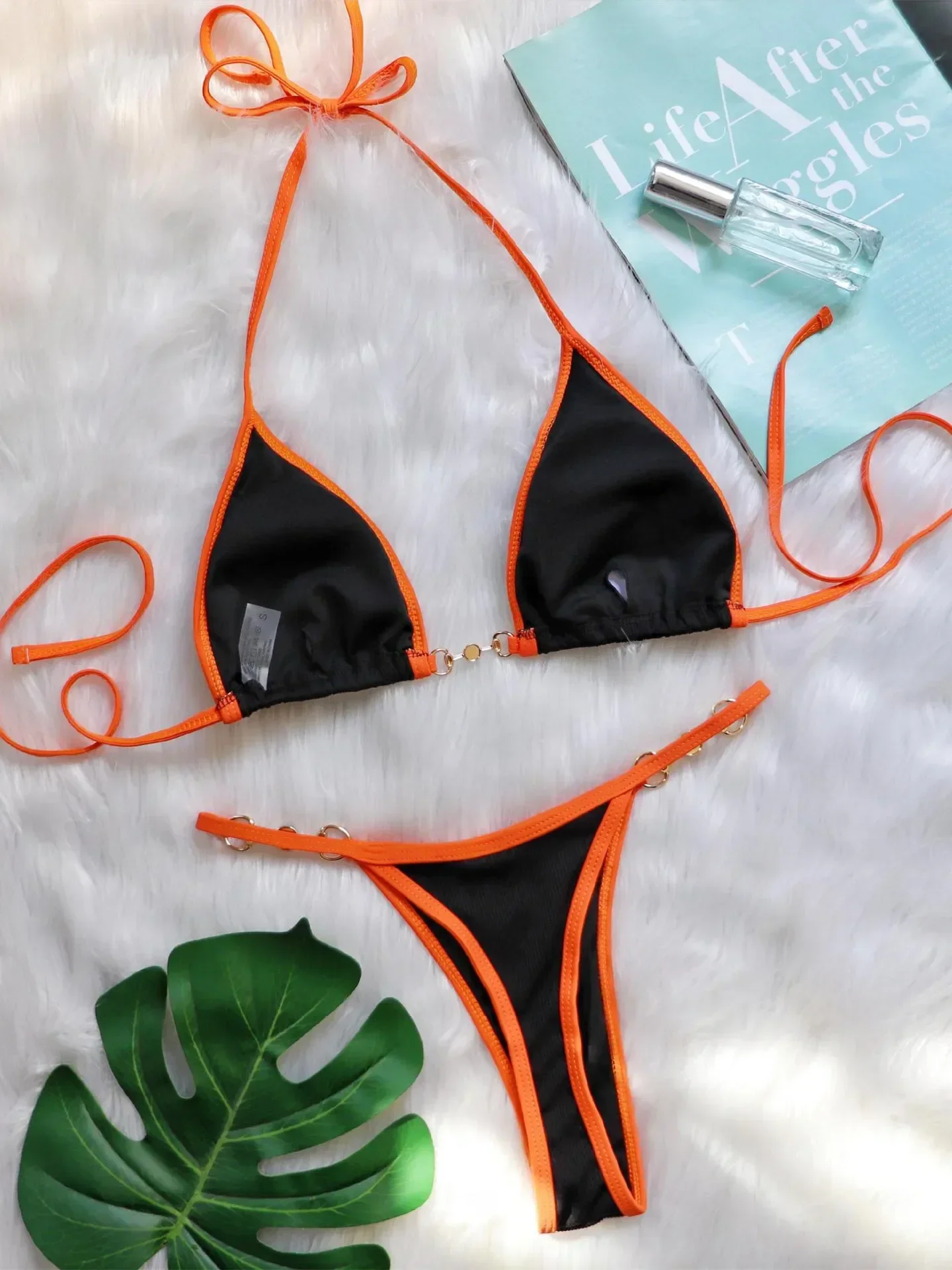 Push Up Micro Bikini Luxury Ribbed Orange Patchwork Ring Pearl Designer Swimsuit Bathing Suit Triangle Swimwear Traje De Baño