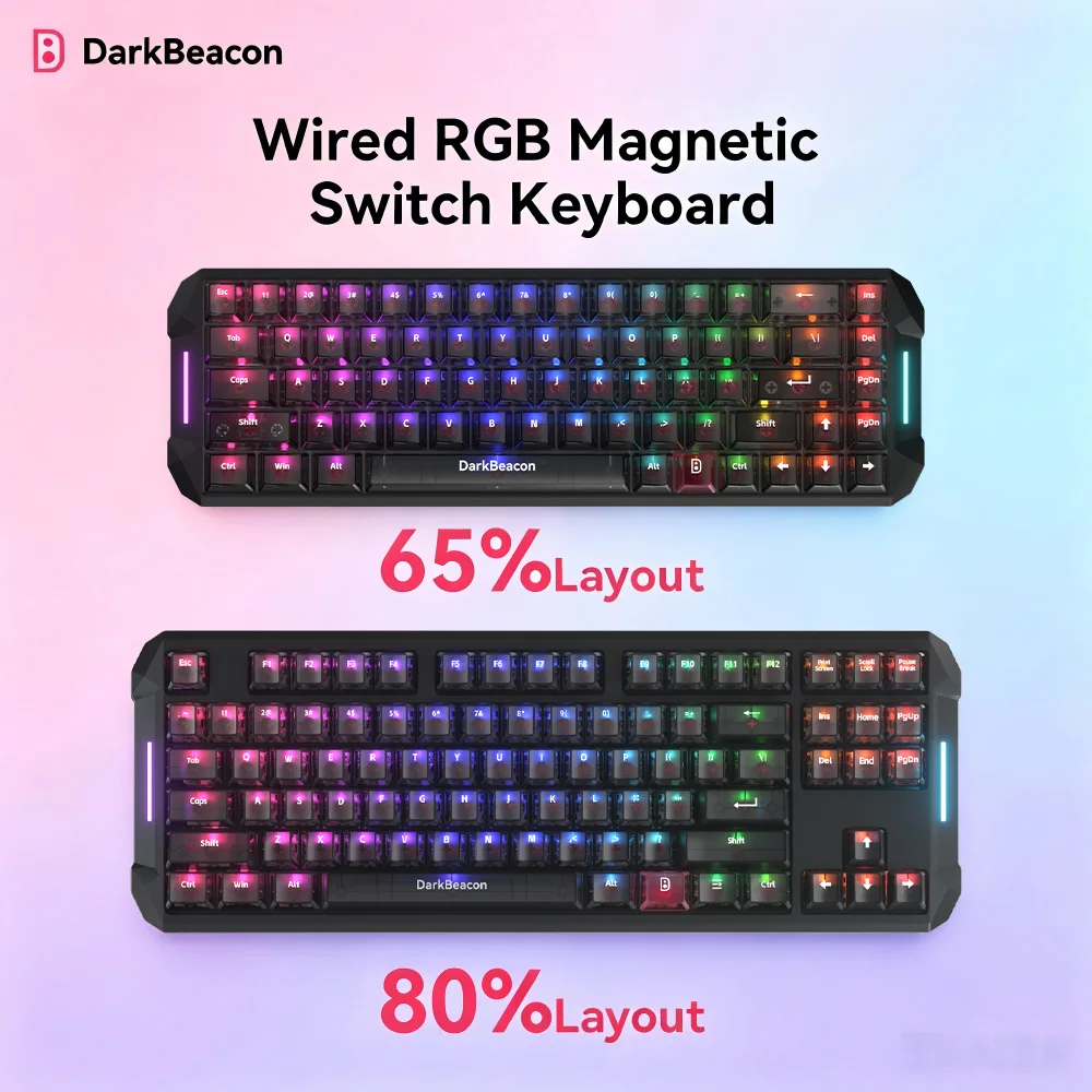 DarkBeacon 65% 80% Compact Magnetic Axis PC Office Keyboard 68 Keys 87 Keys Wired USB Gaming Keyboard with Rainbow LED Backlight