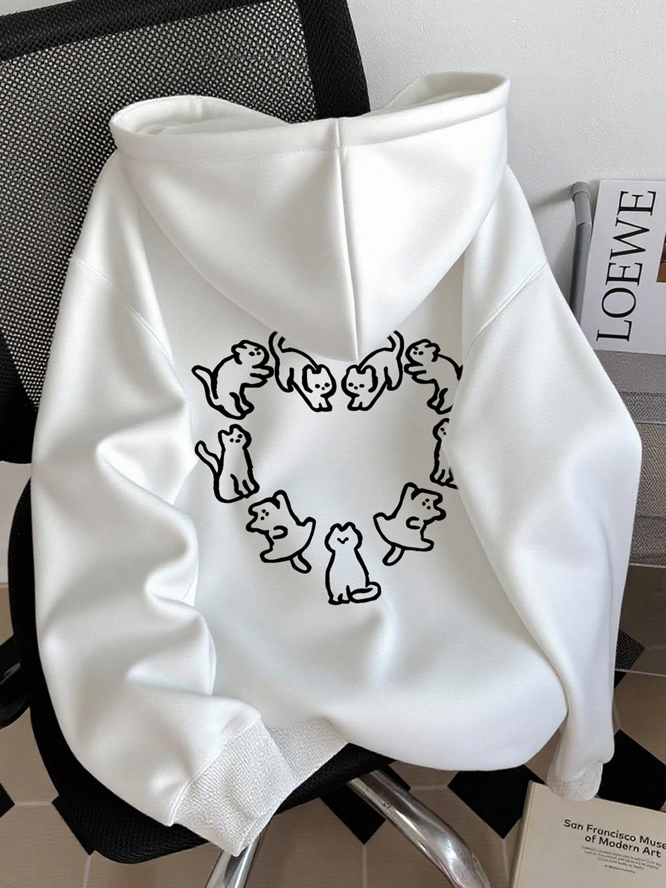 Solid Black Hooded Sweatshirt with Adorable Cartoon Cats Pattern Soft and Comfortable Pure Cotton Material Stylish and Casual