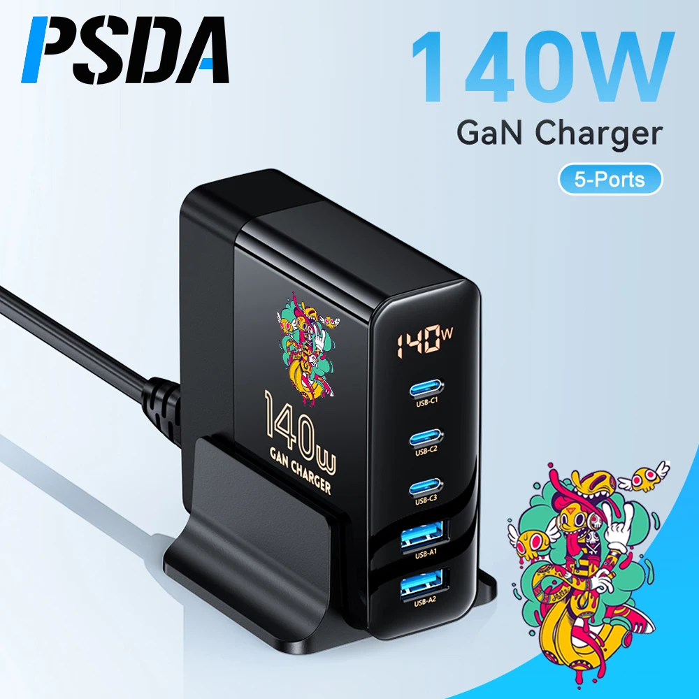 

PSDA 3D 140W GaN USB Charger 3 USB C + 2 USB A Ports 100W PD3.0 PPS AFC Quick Charger For Macbook Laptop iPhone iPad Samsung