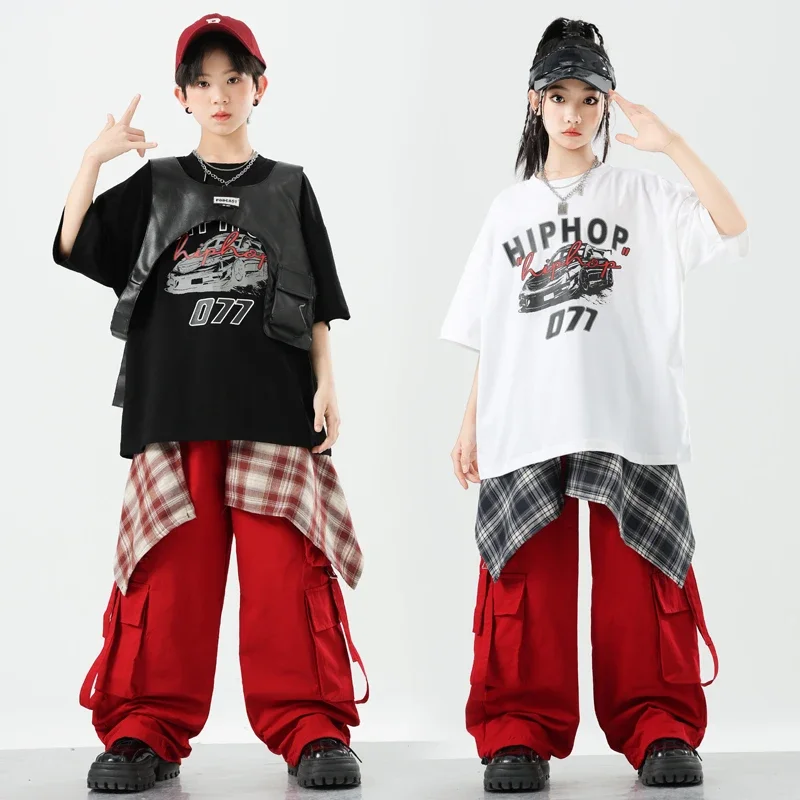 Ragazzi Abbigliamento Hip Hop Pantaloni cargo rossi Ragazze K-pop Abiti da ballo di strada Set di vestiti per bambini Spettacolo per bambini Costumi di scena streetwear