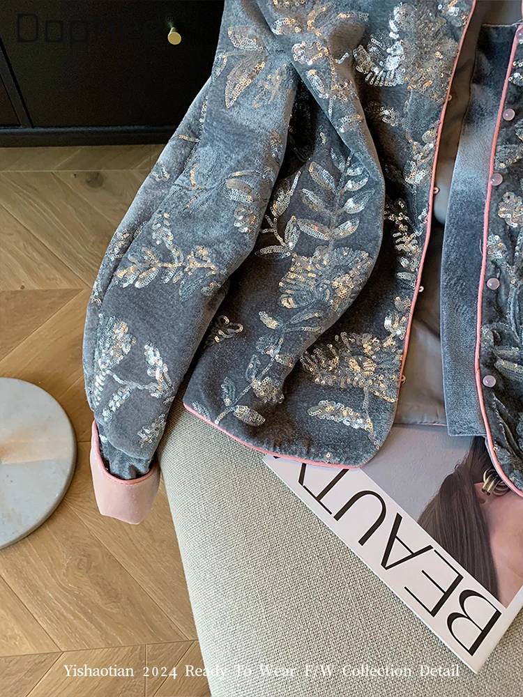 Heavy Industry Sequin Velvet Embroidered Jackets for Women 2025 Autumn New High-end Elegant Single-breasted Loose Casual Jacket