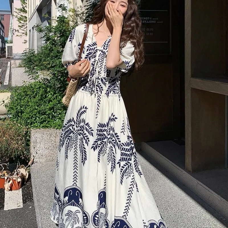 2025年夏新作 レディース ロングワンピース ゆったり カジュアル ボヘミアン風 リゾート風 プリントワンピース
