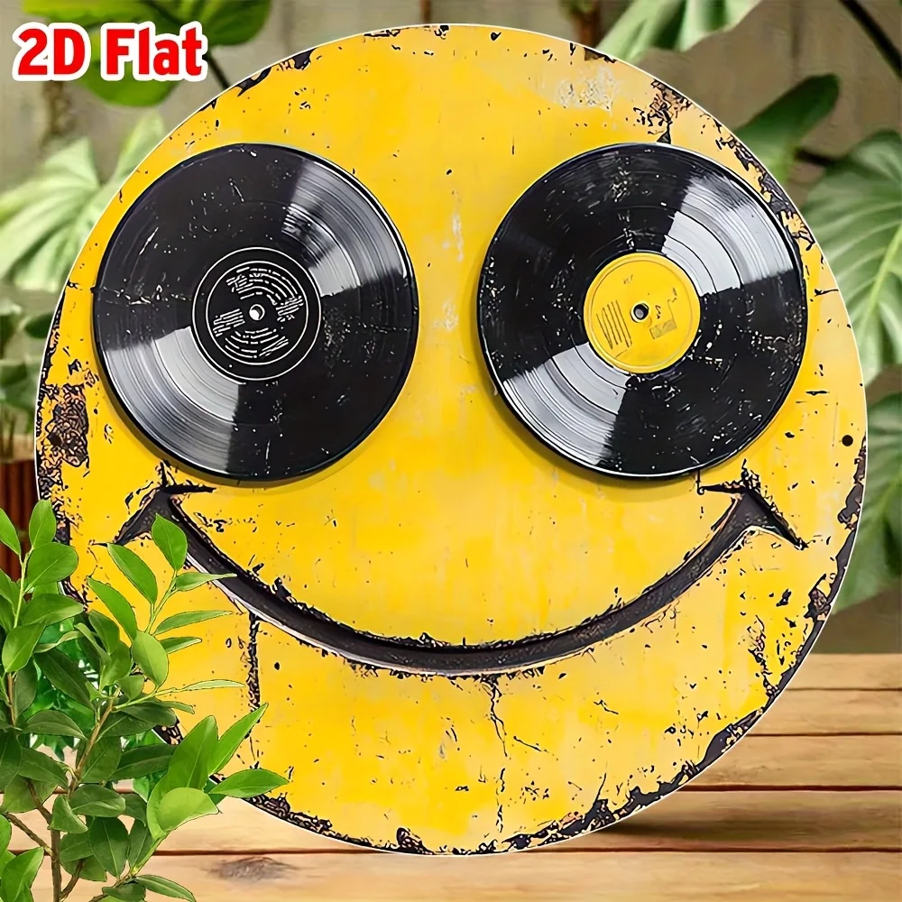 [2D Flat] One Piece of 2D Flat Round Aluminum Wall Art Measuring 8X8 Inches (20X20 Cm) Featuring a Smiling Face, Perfect for Dec