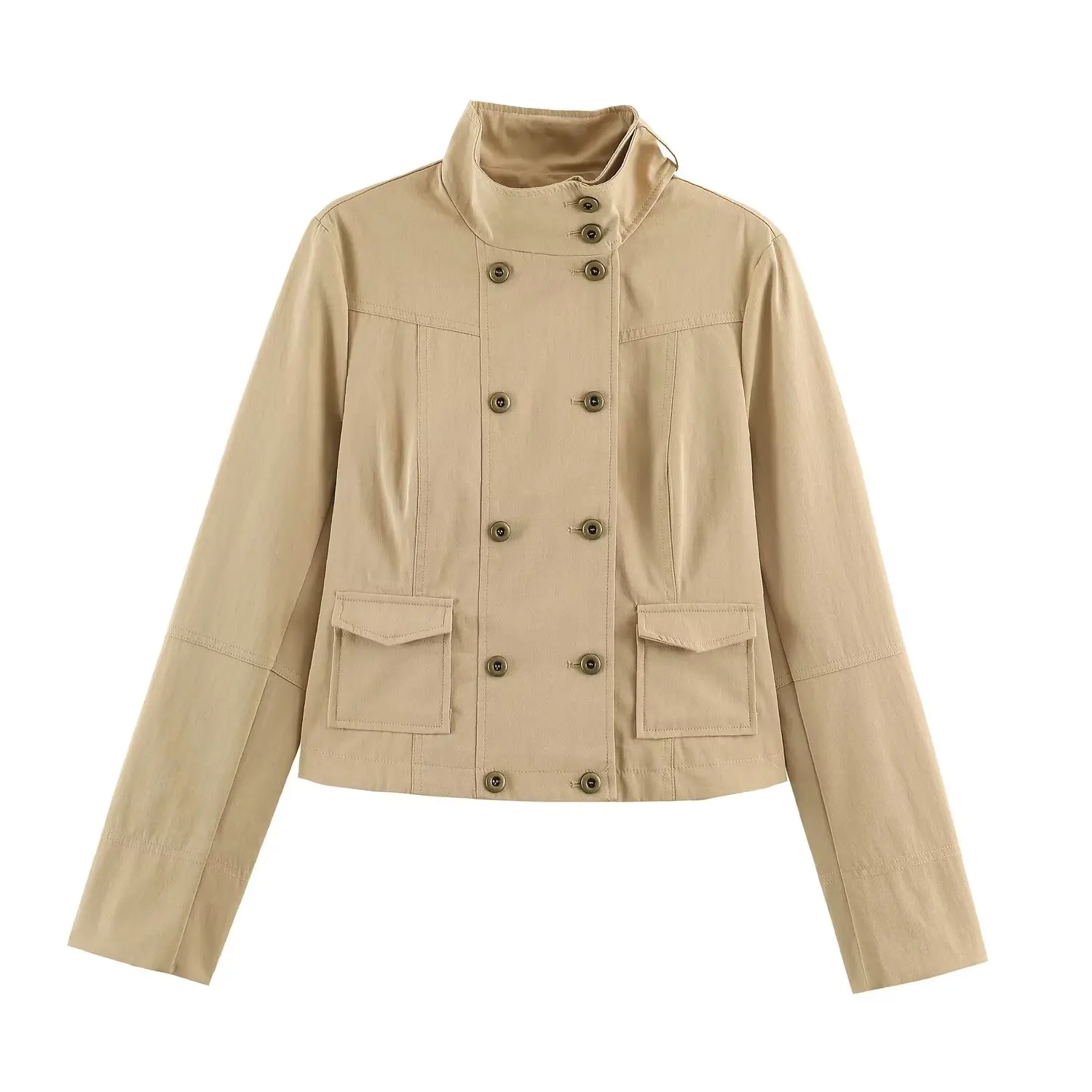 New Double Breasted Cropped Jacket 2026 Stand Collar Flap Pocket Long Sleeve for Women Vintage Casual Outwear Coat