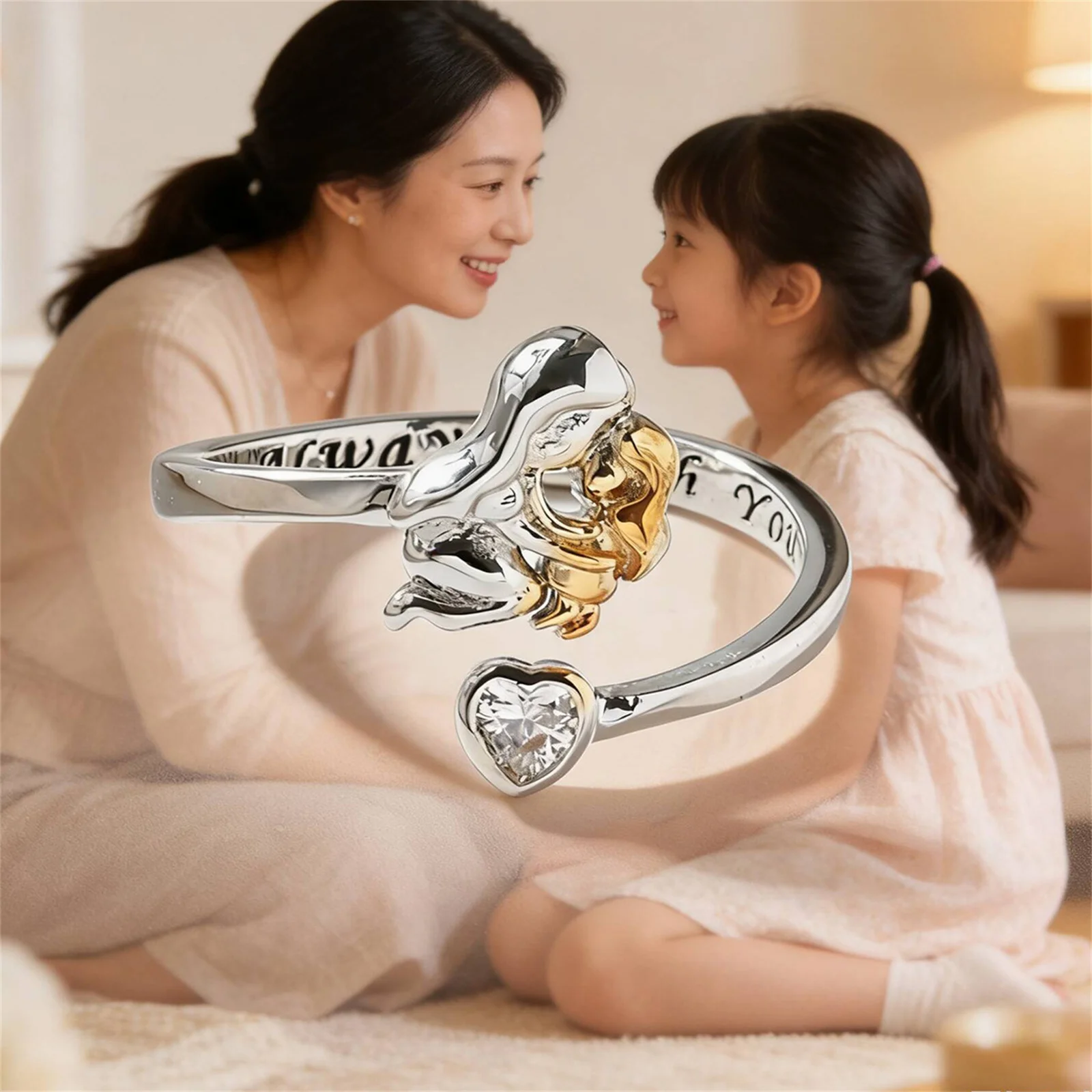 Mother Daughter Ring Heart Birthstone Adjustable Jewelry for Mother's Day Gift