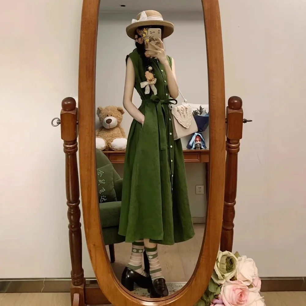 Korean Atmosphere, Wear Green Mori Sleeveless Coffee Break Dress, Children's Summer, Thin Dress