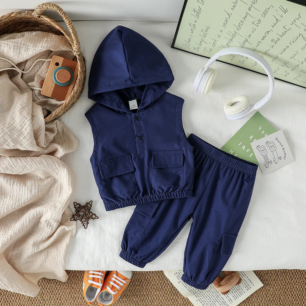 

2Pcs New Spring Autumn Baby Slolid Clothes Suit Children Boys Hooded Vest With Pocket &Pants /Sets Kids Clothing Infant Outfits