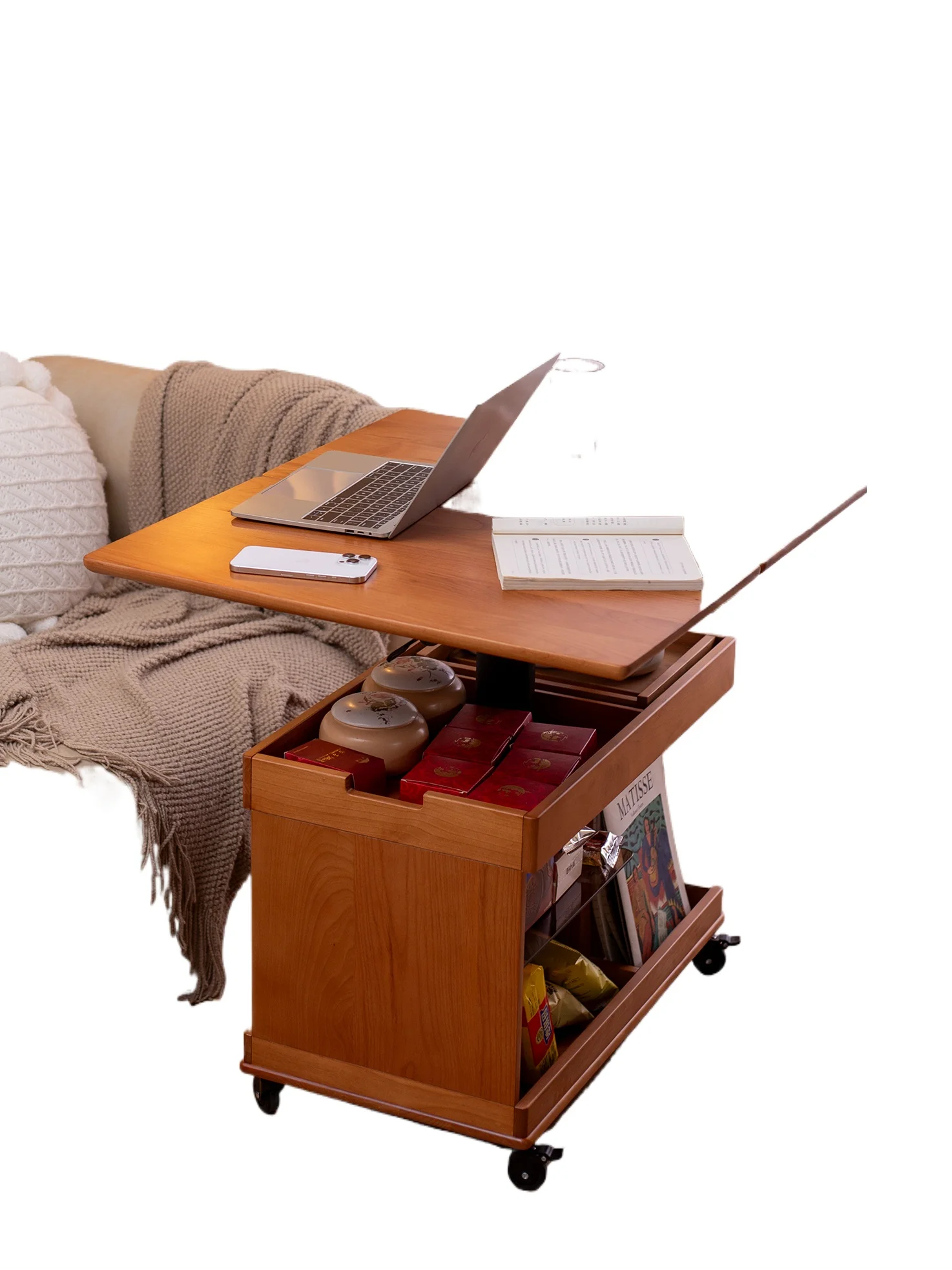 Folding solid wood edge few tea table liftable living room sofa side cabinet with wheel trolley