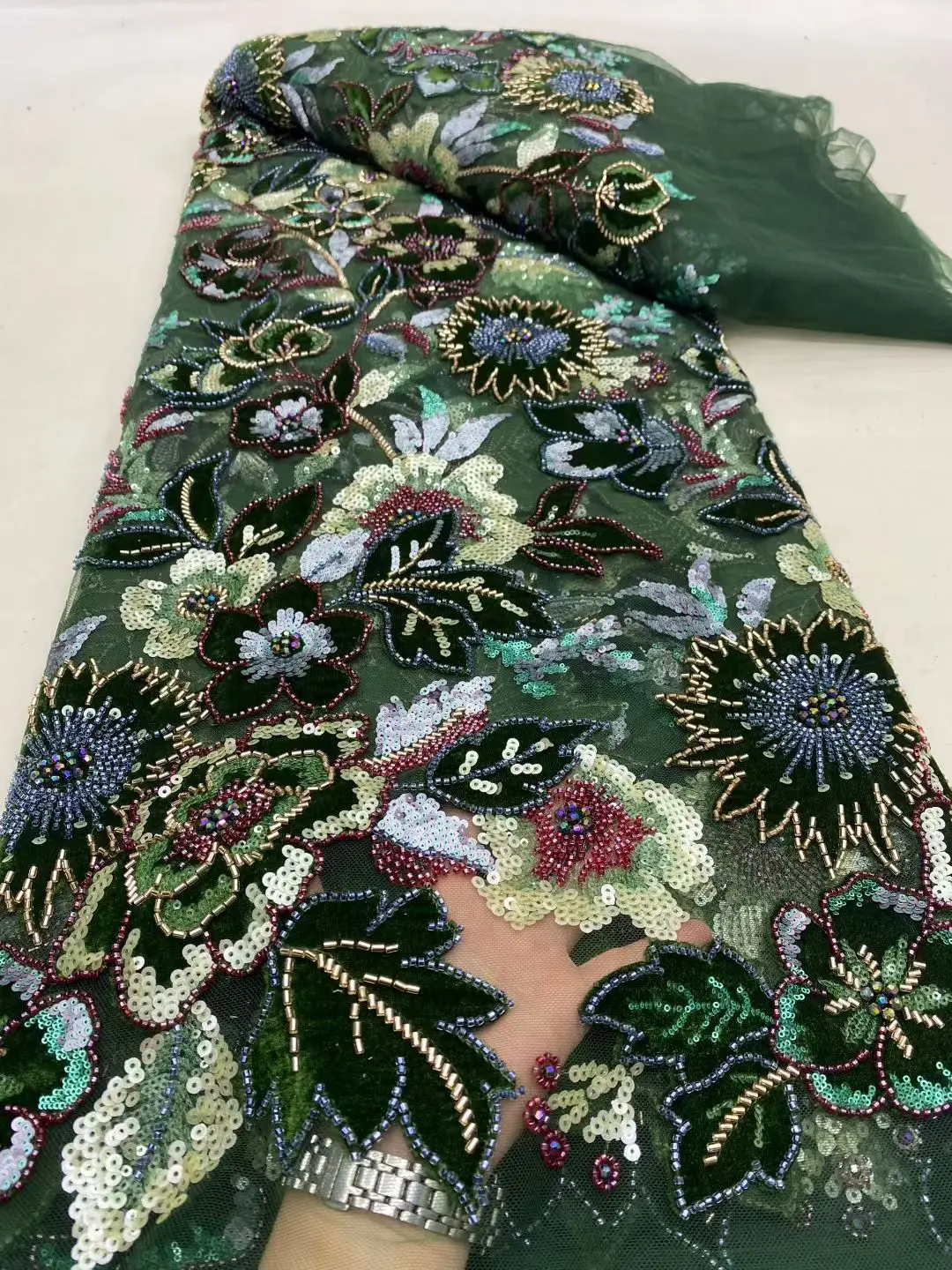 

2025 African Nigerian High-Quality Sequins Embroidery Tulle Lace Fabric Sewing Beads Stone for Prom Dresses 5Yards DP0456