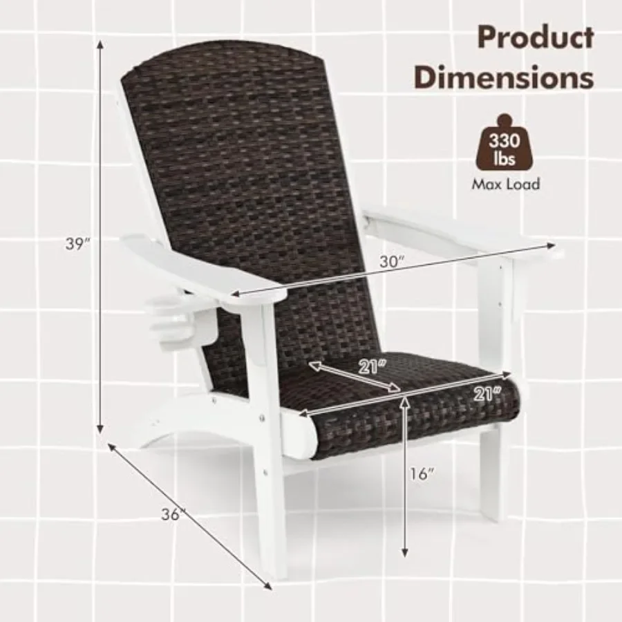 Patio Wicker Adirondack Chair, HDPE All-Weather Lounge Chair with Rattan Padded Seat Back, White, Wide Armrests Hidden Cupholde