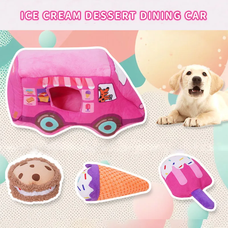 

4 шт., устойчивая к укусам плюшевая игрушка для собак, забавная имитация десертной тележки, головоломка, скрытые лакомства, жевательная игрушка для собак, аксессуары для маленьких собак