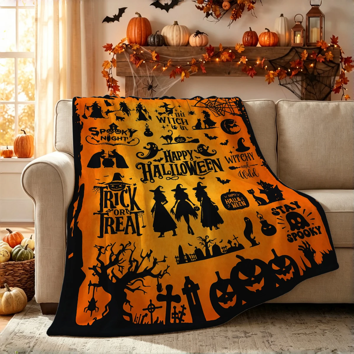 Halloween blanket styled on a sofa or bed