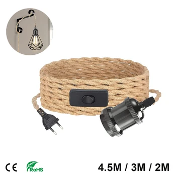 4.5M 3M Przewód zasilający Lampa wisząca Twist Hemp Rope Kable E26 E27 Uchwyt lampy Wtyczka EU z przełącznikiem Przewód Gniazdo Kabel