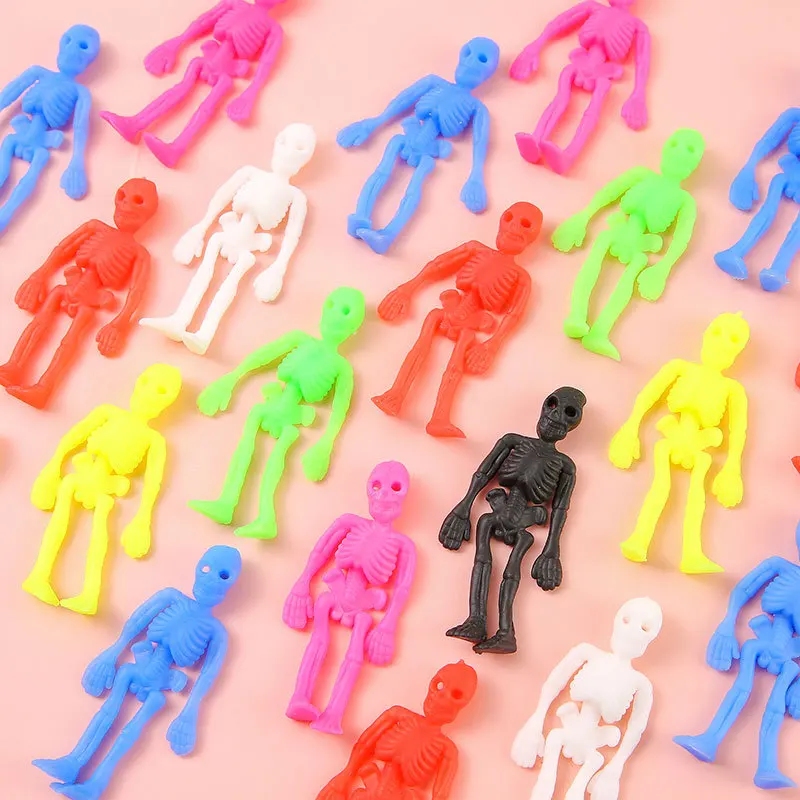 20Pcs Mini Colorful TPR Stretchable Skeleton Skull Man Horror Doll Prank Toys for Halloween Party Favors Birthday Pianta Gifts