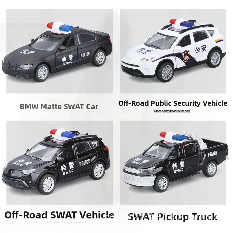Giocattolo modello in lega di auto della polizia Huili in scala 1:32 con simulazione di luce e musica Auto da tirare indietro per bambini Educativo Nero SWAT Bianco