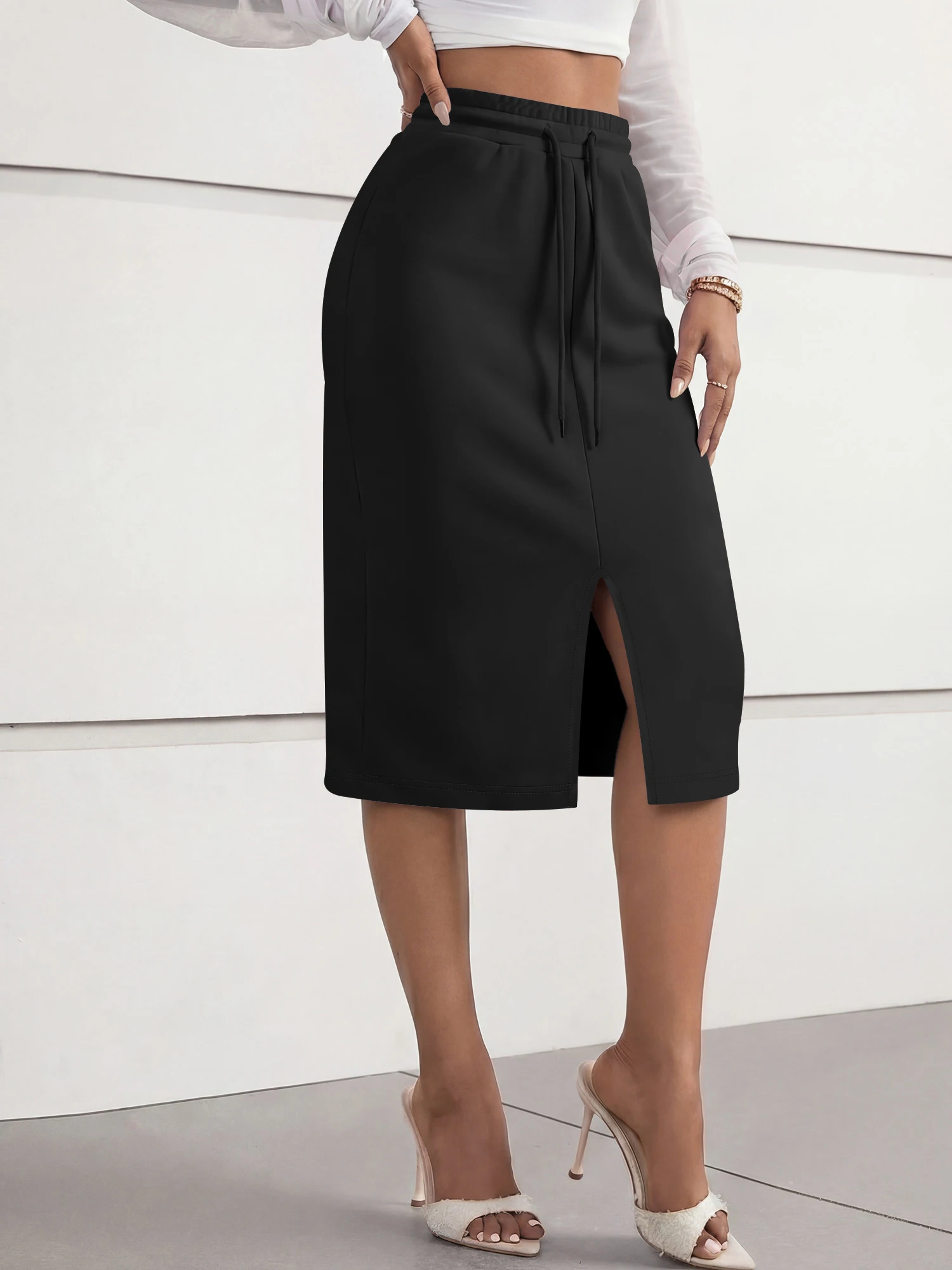 Casual Getaway Midi Skirt, Straight Silhouette with Front Slit, Soft Terry Fabric, Sightseeing & Weekend Escape Bottom