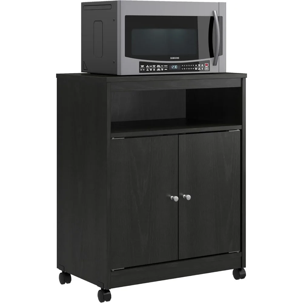 عربة ميكروويف من خشب البلوط الأسود مع عجلات دوارة لتنظيم المطبخ #5