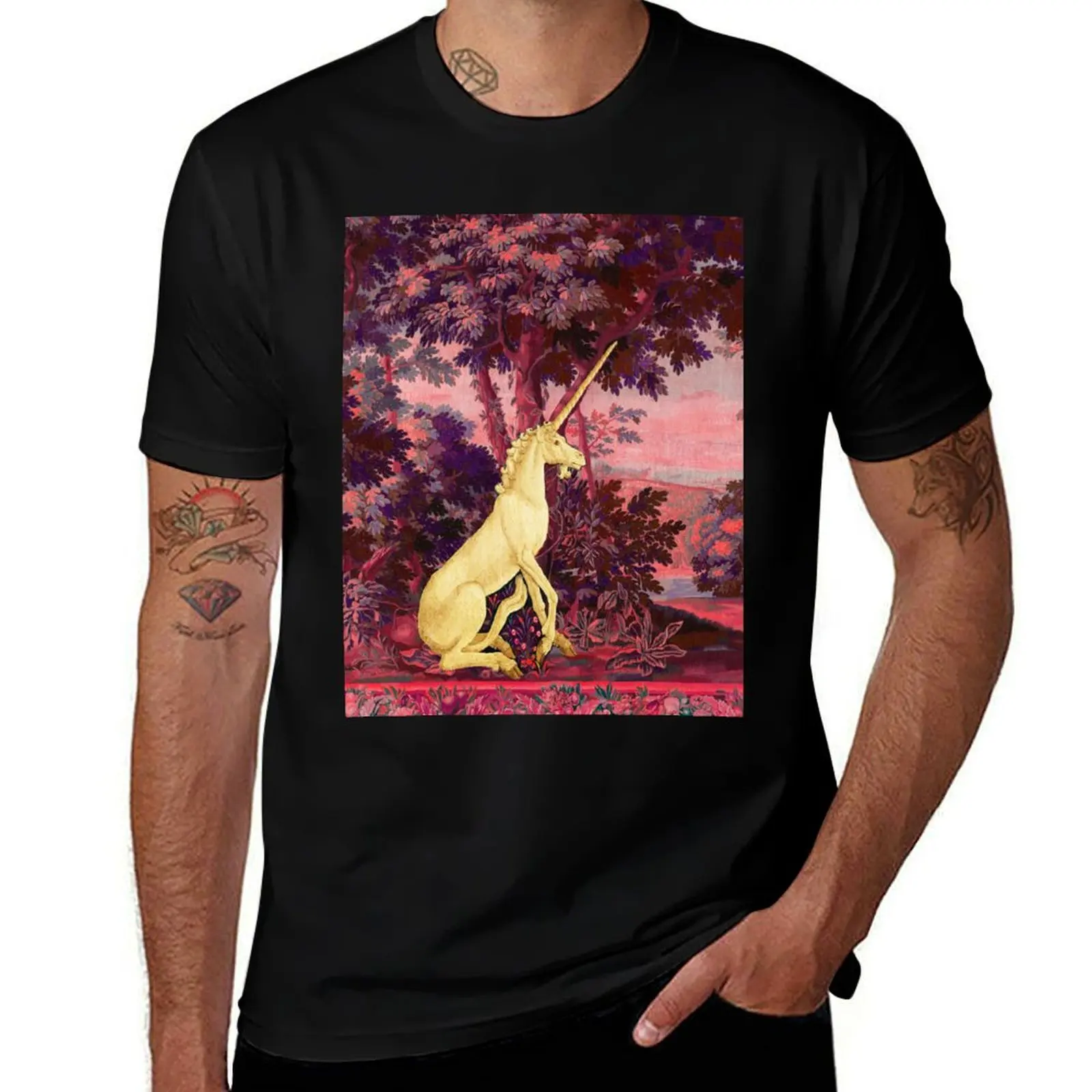UNICORN IN WOODLAND SUNSET LANDSCAPE AMONG GREENERY AND TREES in Pink Blue Hues T-Shirt Casual Daily Outfit T-Shirt