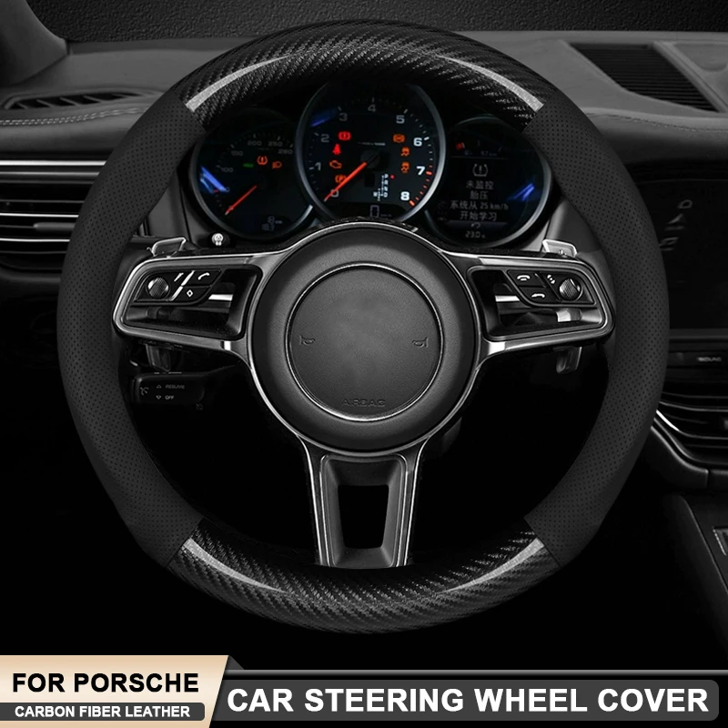 

Car Carbon Fiber Leather Steering Wheel Cover For Porsche Taycan Cayenne Cayman Macan Panamera Boxster 718 918 911 Accessories