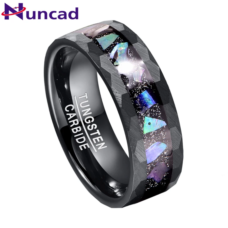 NUNCAD 8mm cielo estrellado inferior abulón Shell borde martillado Lasa negro anillo de carburo de tungsteno anillos de hombre de buena calidad