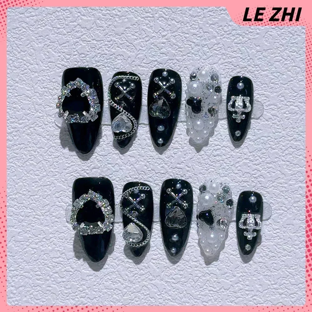 스틸레토 펑크 헬로 키티 틀린 손톱 귀여운 고양이 발톱 금속 체인 디자인 Y2K 매운 소녀 라인 석 완전히 덮여 손톱에 누르기