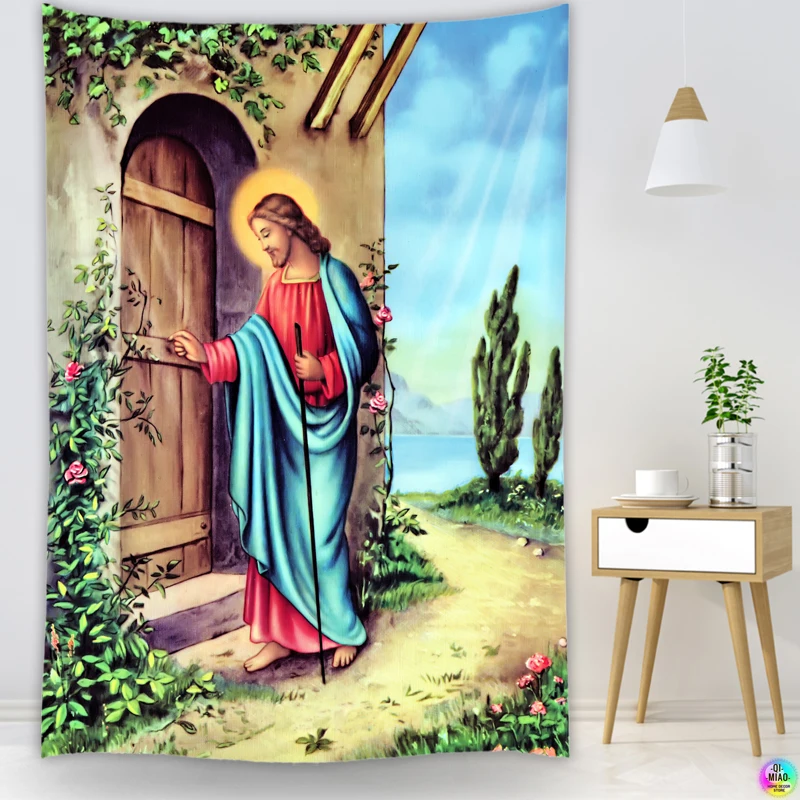 Jesus Christ Knocking The Door Tapestry Christmas Wall Decor Christian Believers Wise Men Wall Hanging Easter Home Decoration
