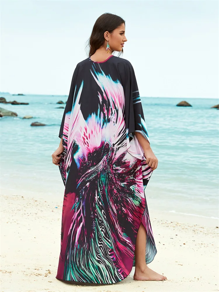 Casual Print dekolt w szpic 2024 wiosna lato z długim rękawem luźna odzież damska Kaftan Plus Size plażowe sukienki Maxi Q1588