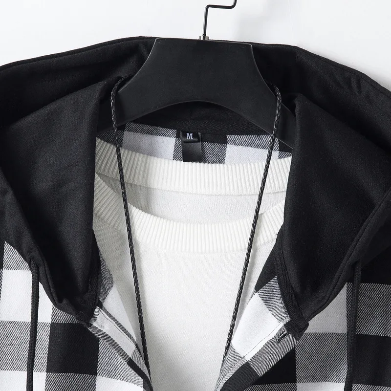 

Men's Black Long Sleeve Hooded Shirts, White Single Breasted Plaid Shirt, European Size S-XXL, 2026 New