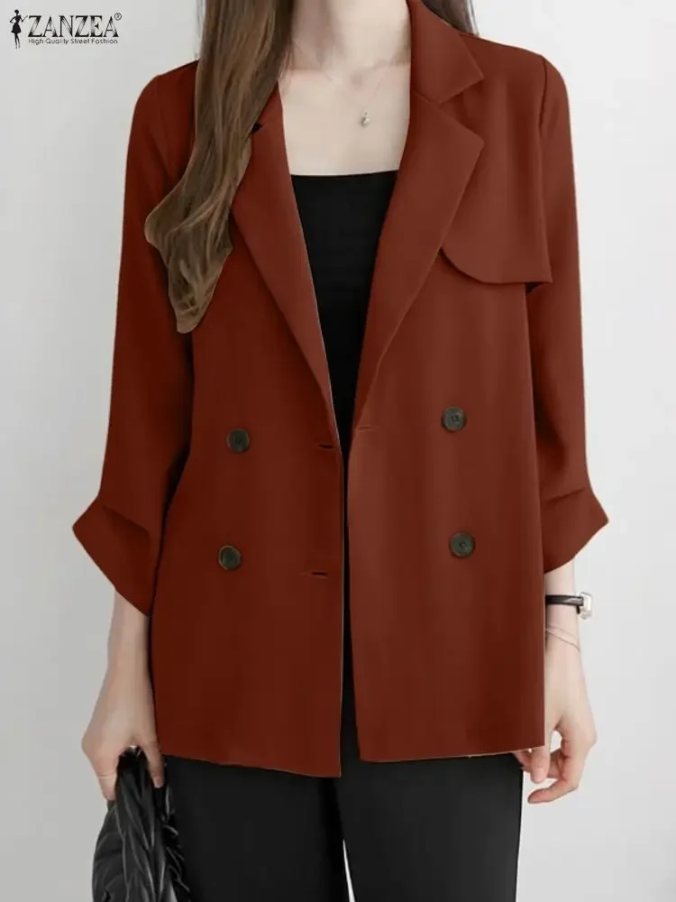

2025 ZANZEA Elegant Women OL Blazer Autumn Double Breasted 3/4 Sleeve Solid Loose Coats Fashion Office Lady Streetwear Outercoat