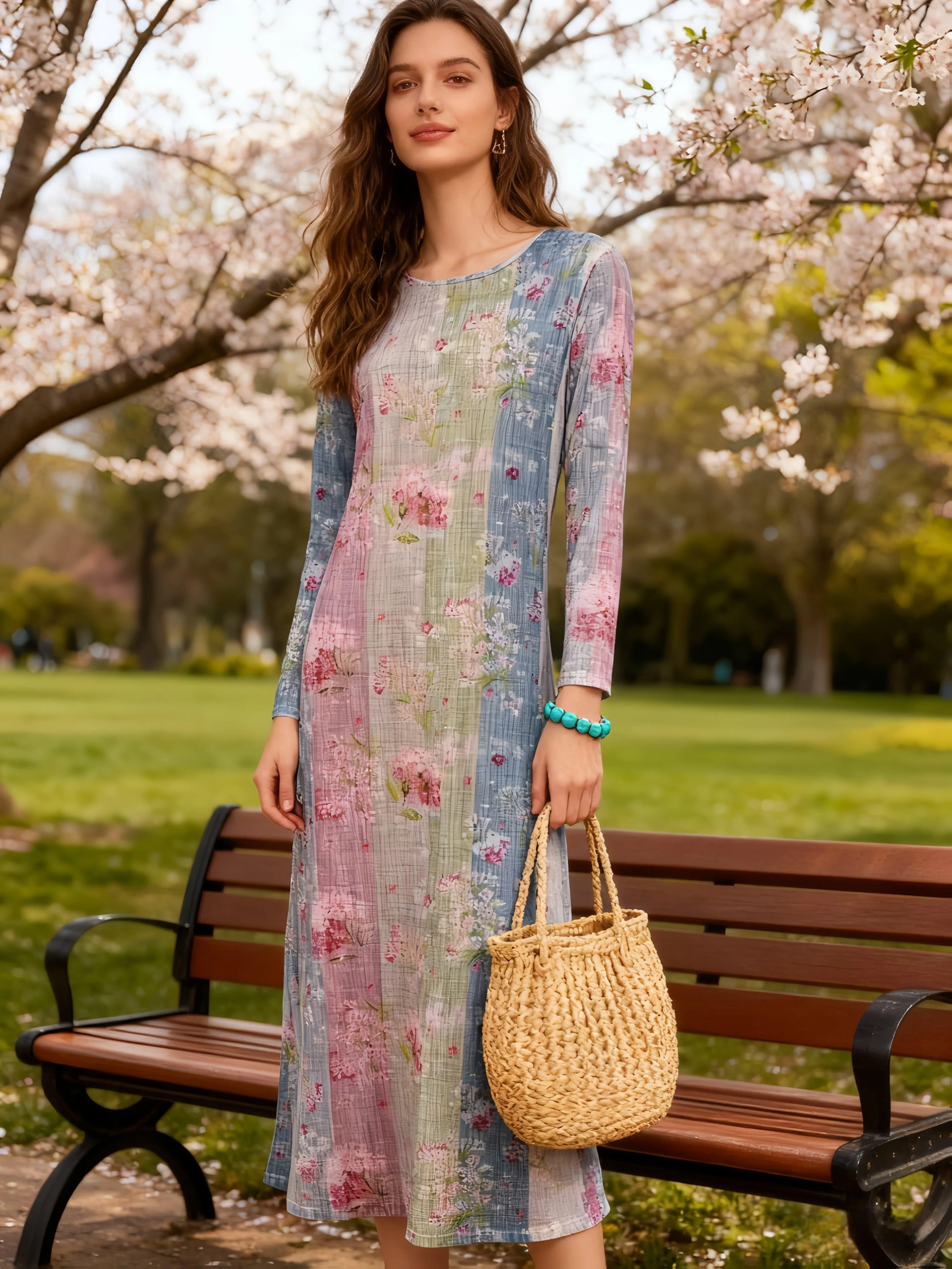 Lässiges, langärmliges Kleid mit Blumenmuster in Rosa und Blau für Damen, Rundhalsausschnitt, A-Linie, Midikleid, Sommer- und Herbstmode