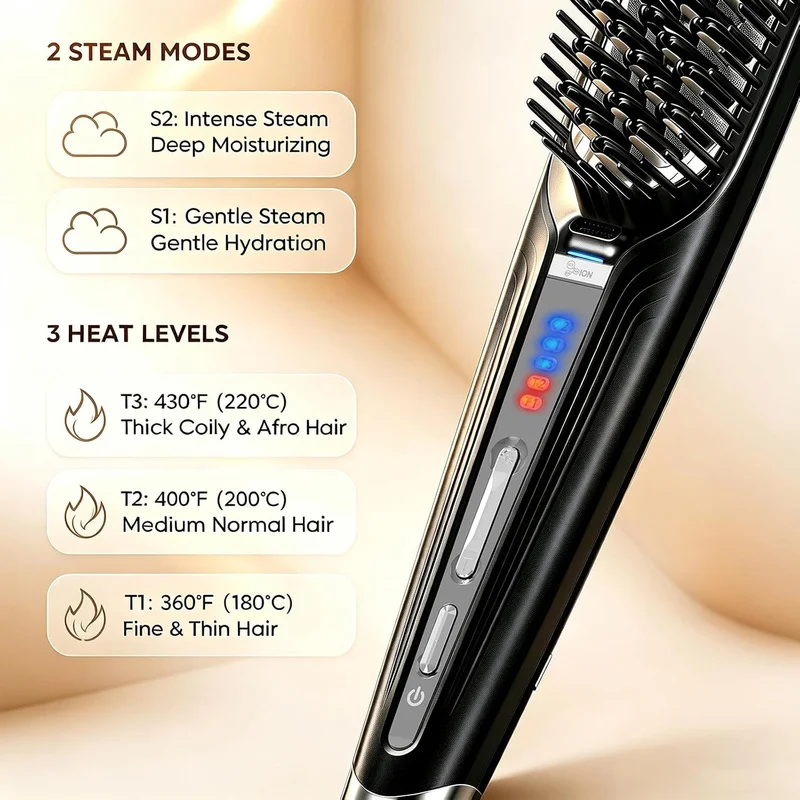 Professional Ionic Steam Straightener for Black & Curly Hair, Dual Voltage Pressing Comb with 3 Heat & 2 Steam Settings
