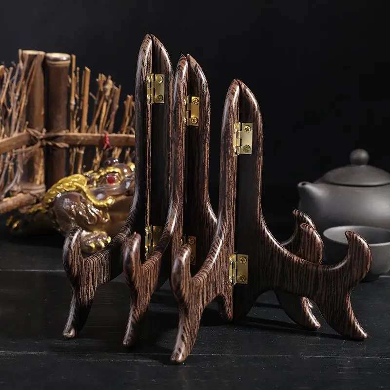 New 1Pc Foldable Vintage Wooden Plate Display Stand Curved Handmade Easel Rack For Tea Cake Dish Kitchen Home Storage