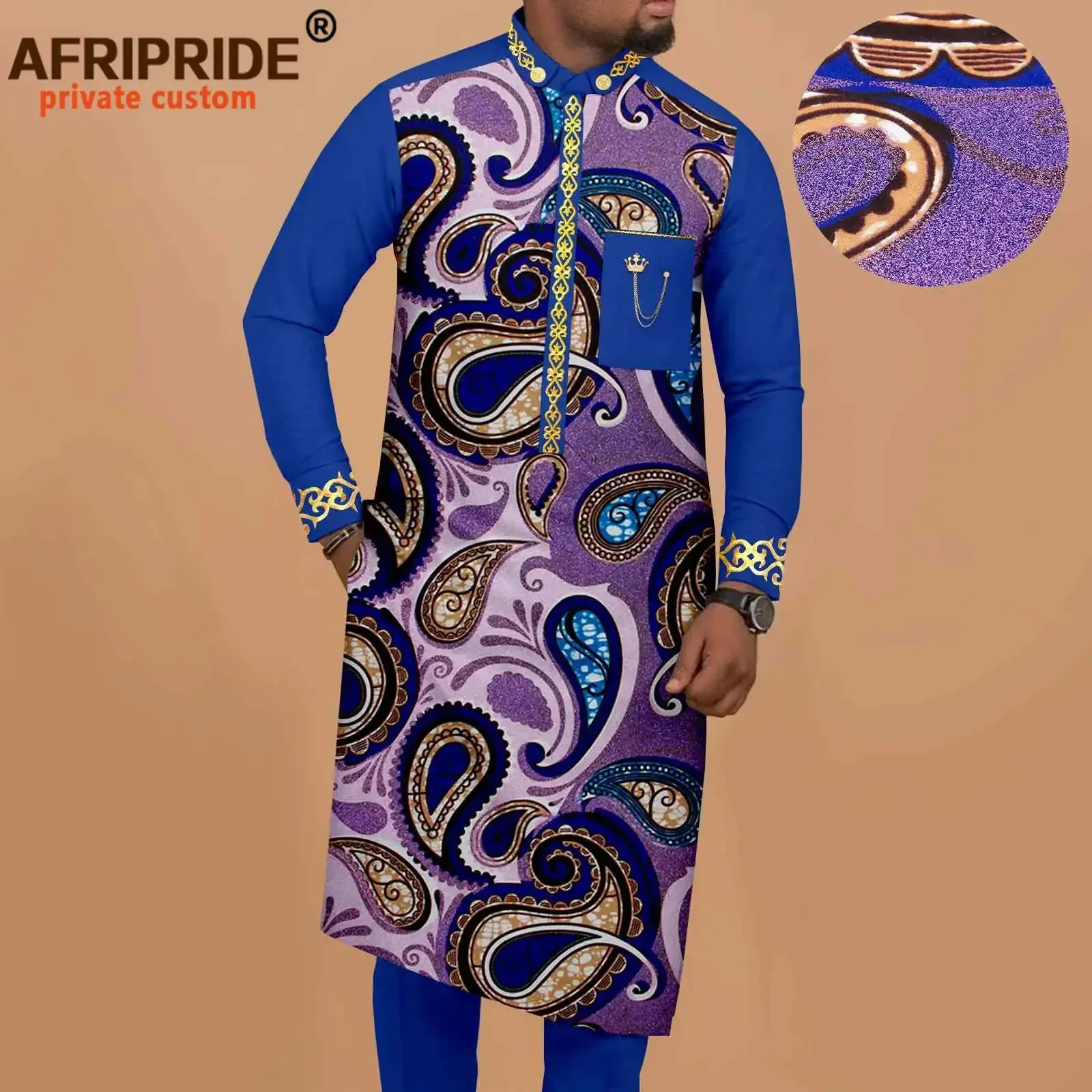 African Clothing for Men Embroidery Print Shirts and Pants 2 Piece Set Long Robes Traditional Outfits Blouse Pockets A2216029