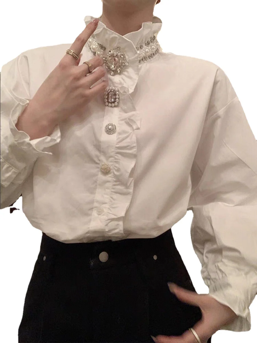 French Royal Style Stand Collar Ruffle White Shirt Female 2024 Spring New Heavy Industry Rhinestone Long Sleeve Shirt Top Women