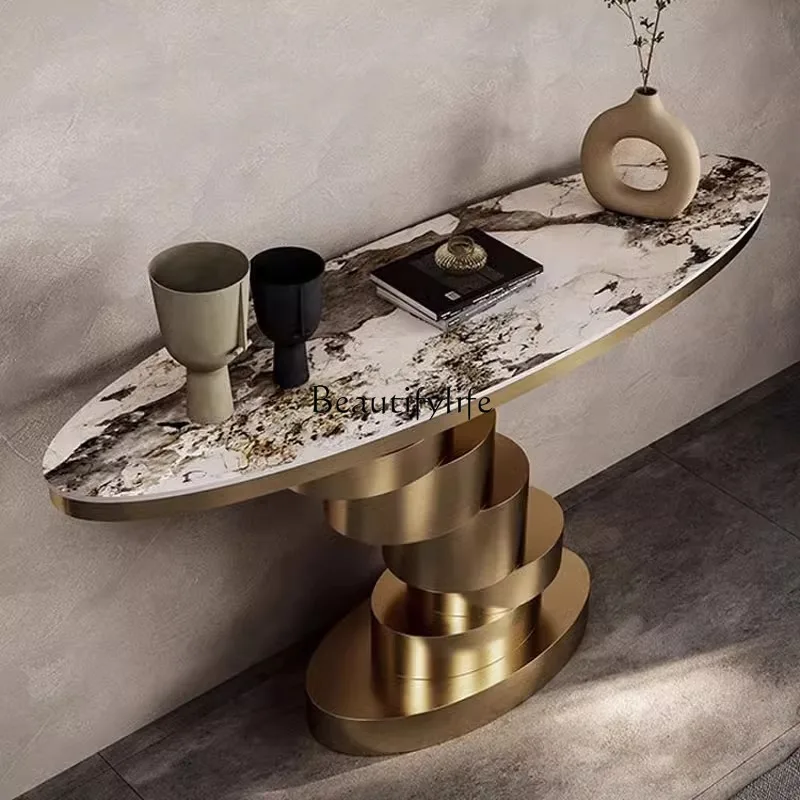 Italian light luxury entrance table high-end villa stainless steel Pandora rock slab entrance