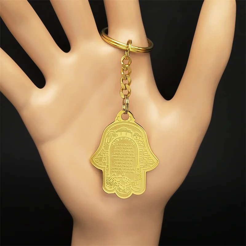 Hamsa Hand Van Fatima Schrift Moskee Sleutelhangers Voor Mannen Roestvrij Staal Gouden Kleur Hebreeuws Judaïsme Joodse Sleutelhanger Sieraden