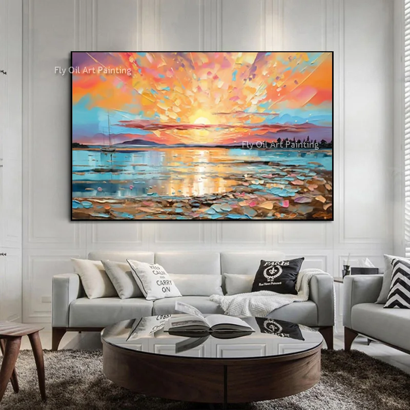 Original Hand Painted Sunset Seascape Artwork, Heavy Impasto Sailboat Ocean Canvas, Handmade Colorful Coastal Wall Decor