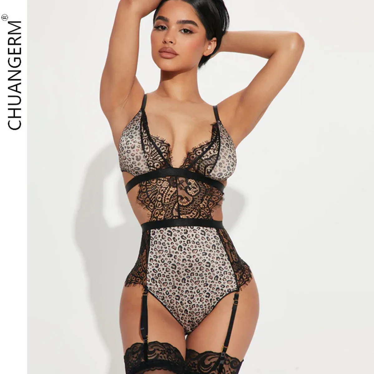 

CHUANGERM Sexy Lingere Outfit Leopard Print Women's Panties Valentine's Day Lace Patchwork Erotic Onlyfans Sex Suit Lingerie