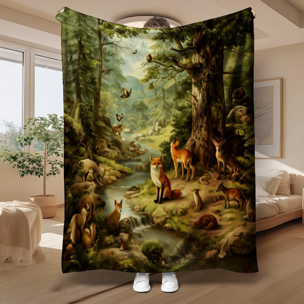 Enchanted Forest Wildlife, Nature Lover Gift, Soft Cozy Blanket, Foxes And Deer Stream Art, Multi-Purpose Home Decor Throw