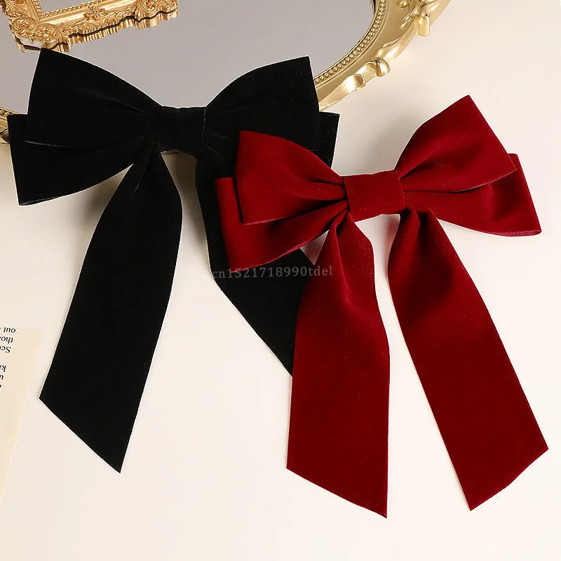 Lazo de terciopelo negro y rojo grande para niña, Cinta Larga de boda Vintage, pasador de pelo coreano, pasador, accesorios para el cabello de moda