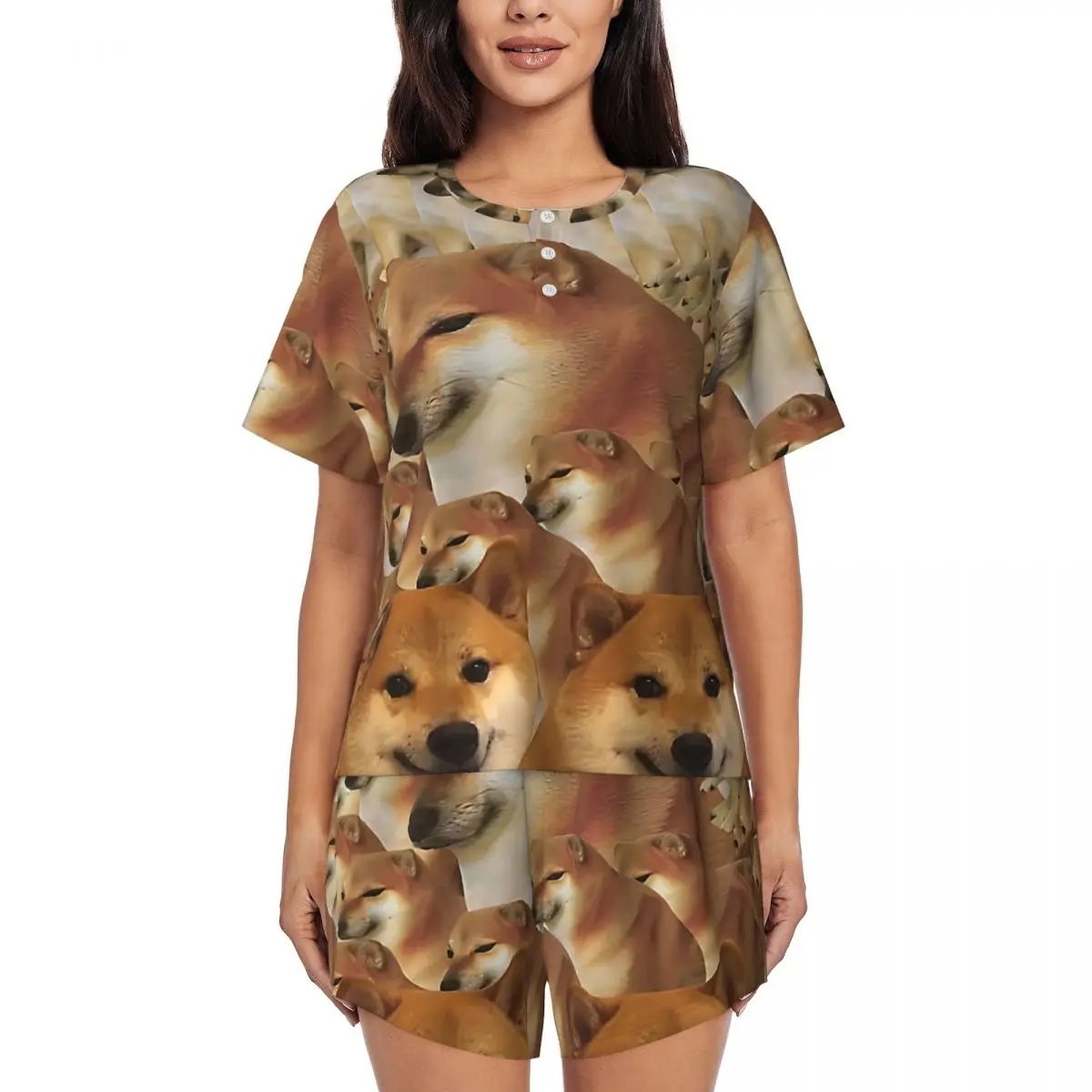 

Пижамы Shiba Memes с забавным принтом собаки, эстетическая ночная рубашка с круглым вырезом, женские мягкие пижамные комплекты из двух предметов с короткими рукавами