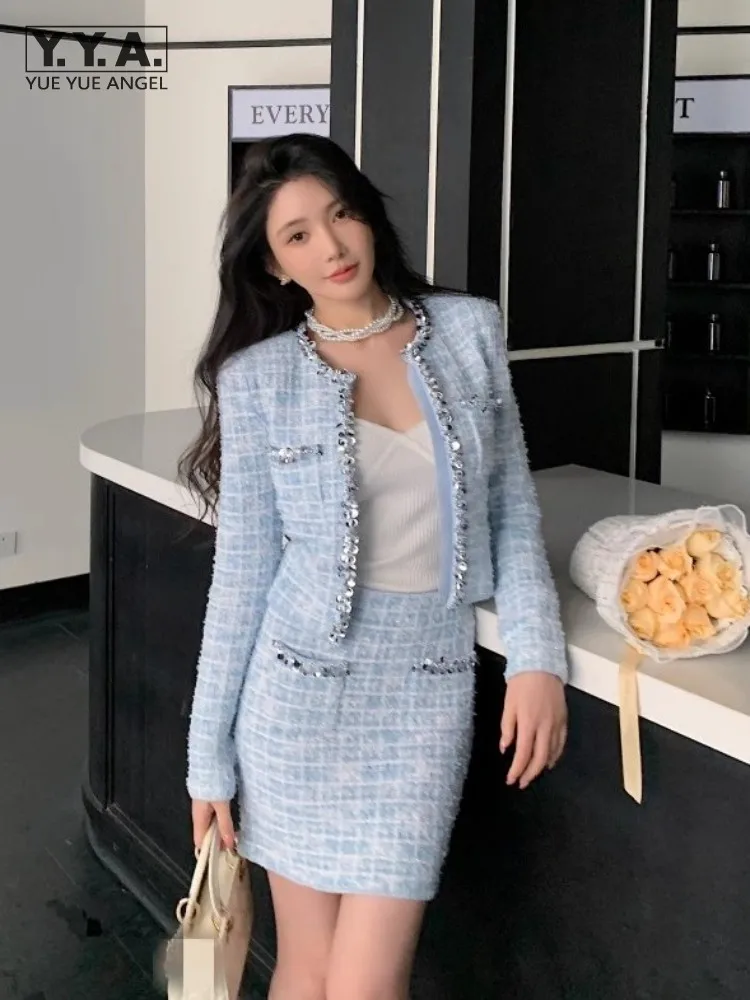 

Office Ladies Elegant Two Piece Set Slim Fit Plaid Knitted Short Cardigan Jacket High Waist Wrap Skirts Spring Matching Sets