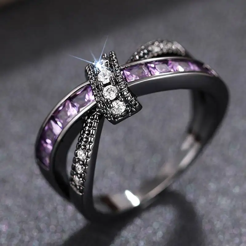 Huitan Damen-Ring mit Schleifen-Design für Party, Alltag, modische Fingeraccessoires, bezaubernder, eleganter Schmuck, eingelegter, leuchtend lila CZ