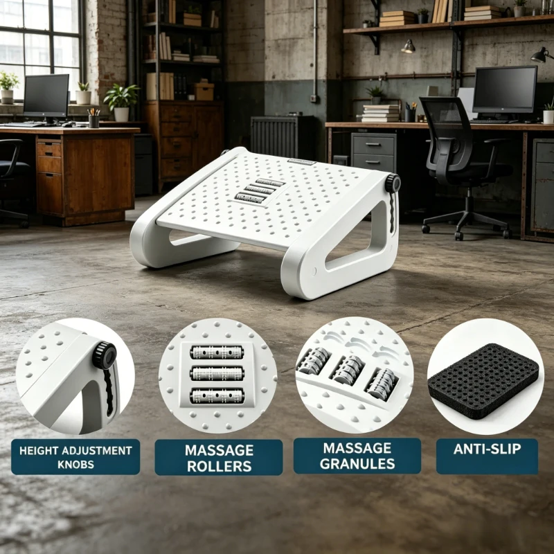 

Lightweight ergonomic foot rest, under desk adjustable height, portable stool for long-hour work, study and simple relaxation