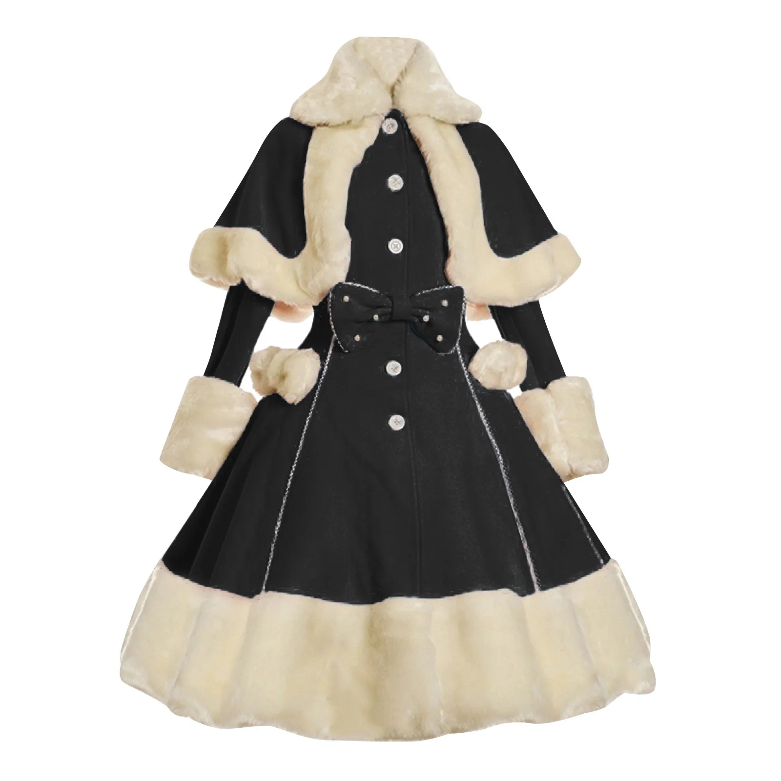 Vintage Gothic Lolita Dress Suit Women Fur Collar Long Sleeves Shawl Cute Single Breasted Winter Warm Thick Bow Dresses Costume