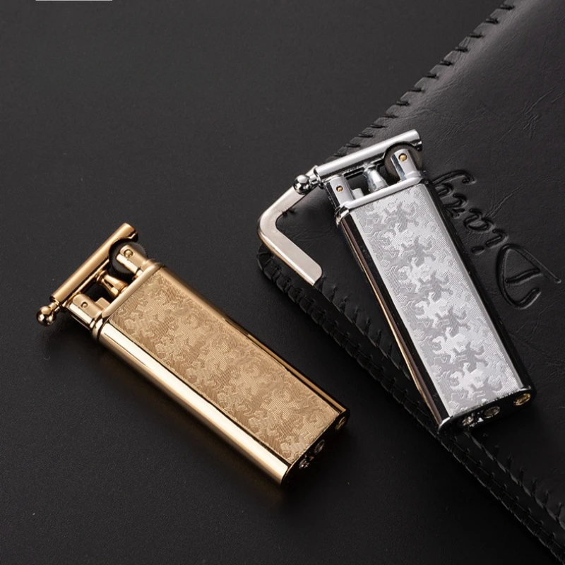 Metal Ultra Thin Relief Texture Open Fire Inflatable Lighter Classic Retro Grinding Wheel Ignite Portable Gas Lighters Smoking