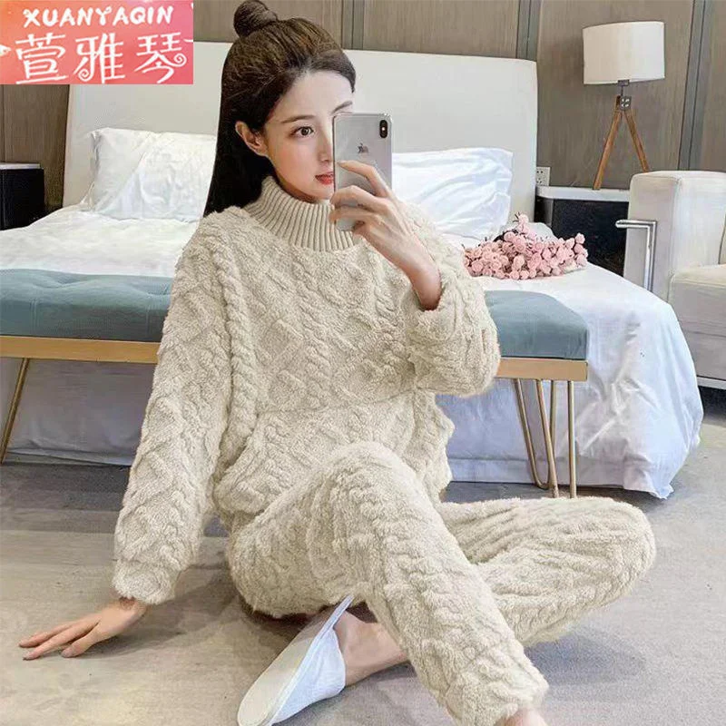 M-4XL Warm Sleepwear Women\'s Winter Coral Plush Casual Korean High Neck Pullover Thickened Outwear Set Women\'s Loose Home Sets